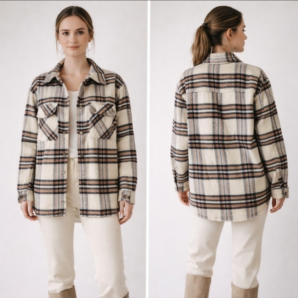 BLANKNYC Plaid Shacket Jacket Cream Camel Fall Cozy Old Money Chic S